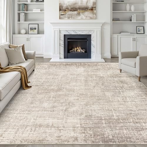 Abstract Brown Washable Area Rug 8x10 for Living Room - Neutral Modern Design