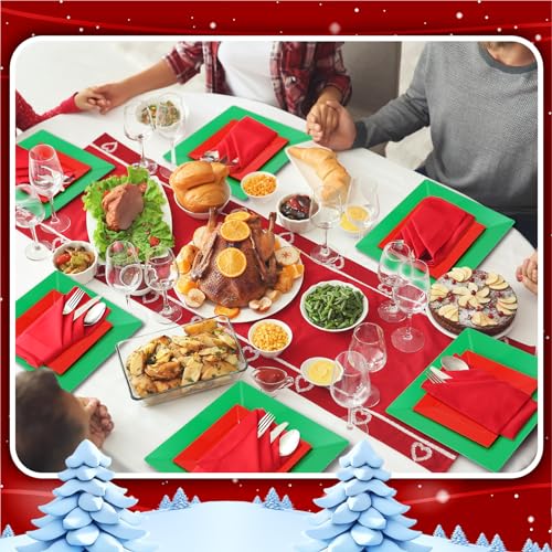 Maxcheck Christmas Disposable Square Plates Set 80 pcs, Red & Green Holiday Dinnerware