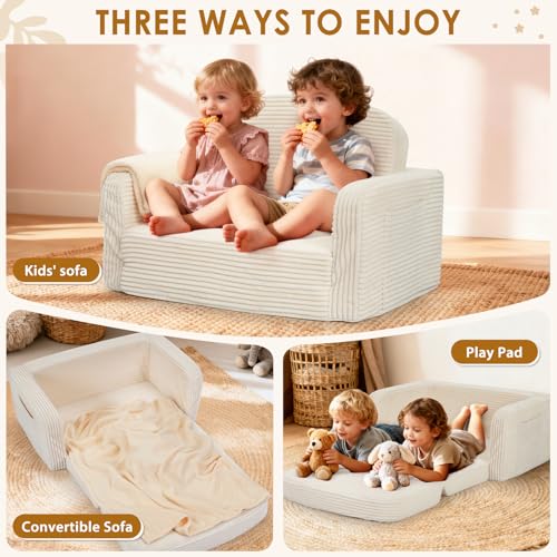 Cream 2-in-1 Convertible Toddler Sofa Chair with Blanket - Foryoomi Kids Couch