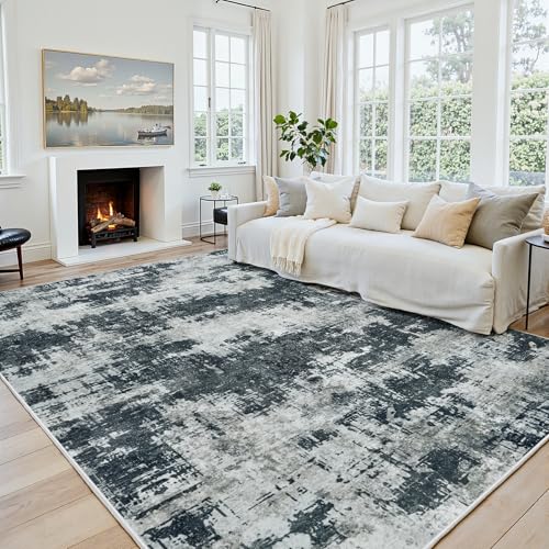 Black 9x12 Area Rug - Washable Soft Abstract Bedroom Carpet - Slim Low-Pile