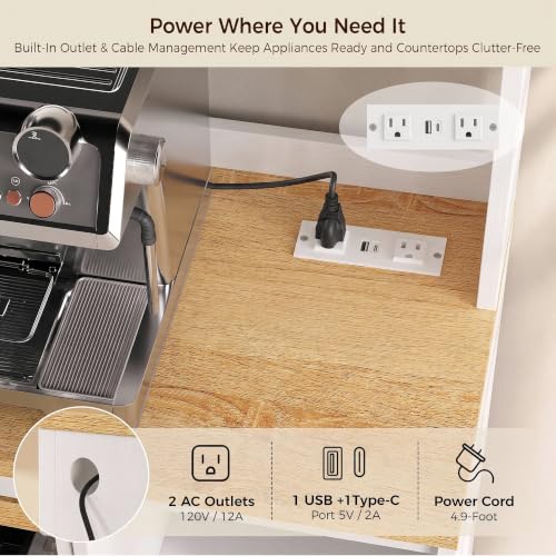 IRONCK Bakers Rack with Pull-Out Shelf and Power Outlet, White