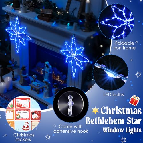 Hiboom Blue 2 Pack 16-Inch Christmas Star Window Lights with Timer & 8 Modes