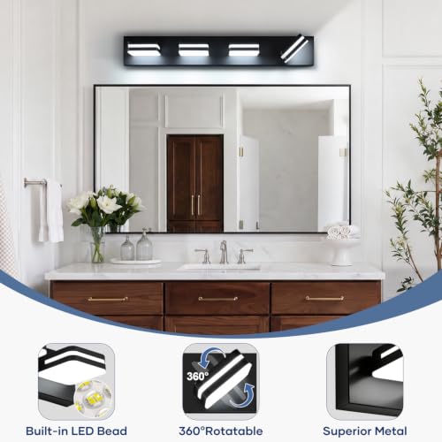 360° Rotatable LED Bathroom Vanity Light Fixtures - 4-Light, Matte Black & White, 27-Inch