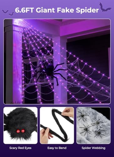 Halloween Decorations Spider Web Lights - Purple 16.4Ft LED Light Up Web & Lifelike Spider
