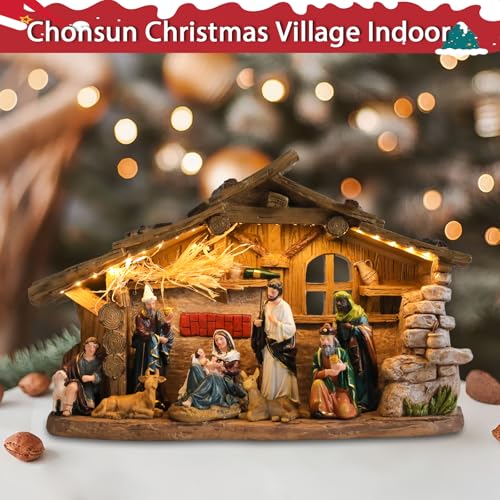 Chonsun 10.2 Inch Nativity Scene Indoor Christmas Village Manger Nativity Set