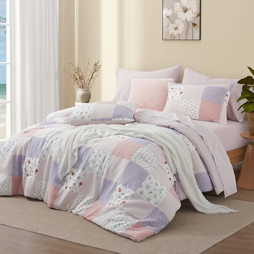 Queen Comforter Set with Sheets - Misty Pink Floral 7-Piece Bed in a Bag - Oli Anderson