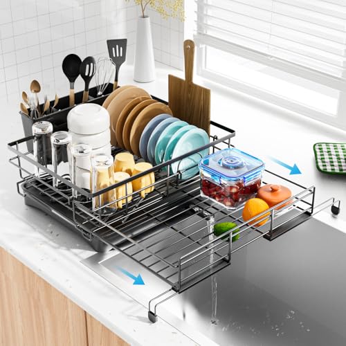 Expandable Dish Drying Rack with Utensil Holder - Large Capacity Kitchen Organizer - Black
