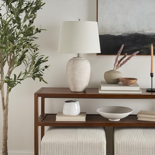 Rustic Ceramic Table Lamp - 23" Distressed Cream/Beige with Ivory Drum Shade - Vintage Style
