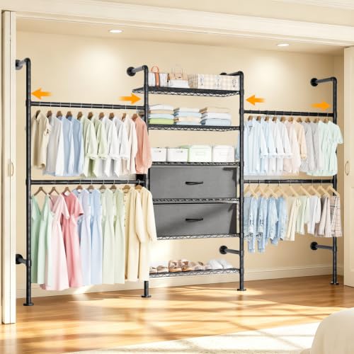 Black Wall Mounted Clothes Rack with 2 Drawers - 3-Row Expandable Closet