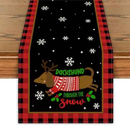 Dachshund Christmas Table Runner Christmas Dog Table Cover Buffalo Plaid Christmas Decor Dachshund New Year Xmas Decor Christmas Decorations for Home Party