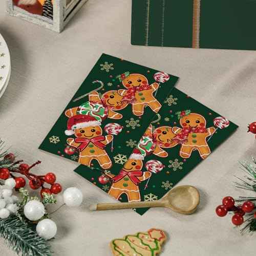 Horaldaily 50 Christmas Disposable Paper Decorative Guest Napkins, Green Gingerbread Man Cane Candy Hand Towel for Party Lunch Dinner Kitchen Bathroom
