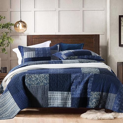 Queen Size Reversible Cotton Quilt Set with Pillow Shams - Azure Blue Variation