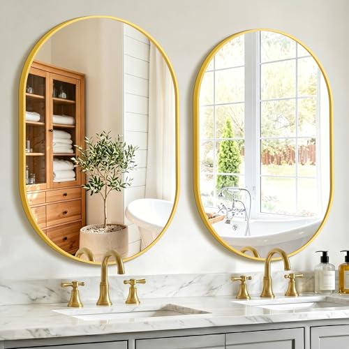 Gold Oval Bathroom Mirror Set - 24x36 Inch Over Sink Vanity 2 Pack, Modern Design