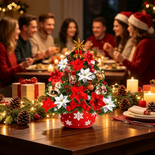 XUNXMAS 10-Inch 3D Pop-Up Christmas Card with Light & Music - Poinsettia Bouquet, Holiday Greeting, Christmas