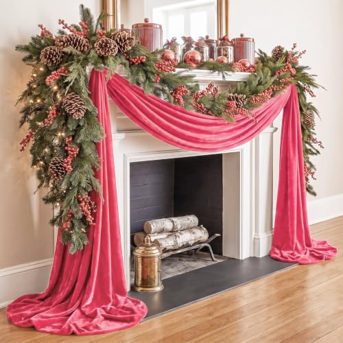 Pink Velvet Christmas Mantel Garland 16.4 ft with Ties & Pins (Brand: Teyva Daily) - Extra-Long Winter Decor