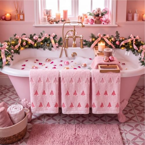 Hahafelt 3Pcs Pink Christmas Tree 100% Cotton Hand Towels – 13.4 x 30 in