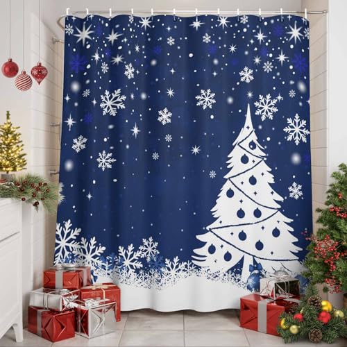 Ueplerts Navy Blue Christmas Shower Curtain Set with Hooks - 72x72 Inch Waterproof Holiday Bathroom Decor
