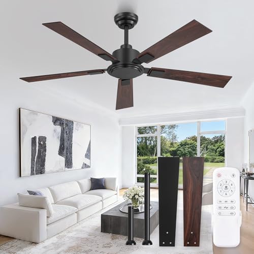 ZMISHIBO 52 Inch Black Ceiling Fan No Light with Remote, 6-Speed Reversible DC Motor