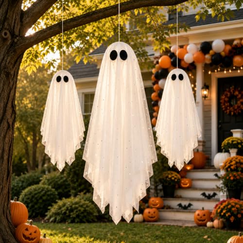 White Medium Hanging Ghost Decorations Set - Pre-Assembled Halloween Ghosts with Remote & Warm Glow