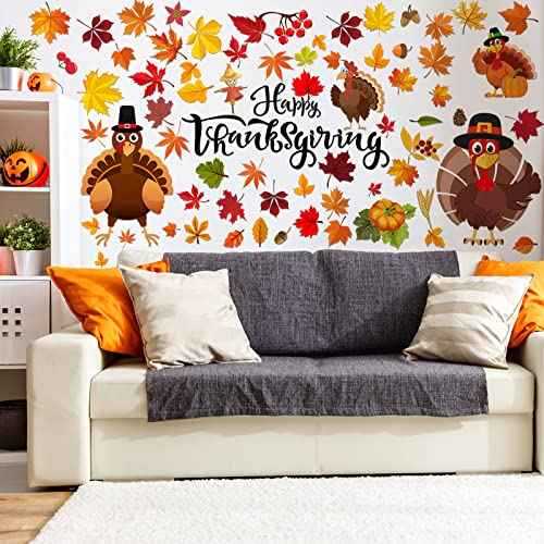 Eersida 142 Pcs Thanksgiving Fall Wall Decals Thanksgiving Turkey Wall Decals Autumn Leaves Decoration Turkey Stickers Maple Leaves Window Decor for Home Window Living Room Bedroom (Autumn Style)