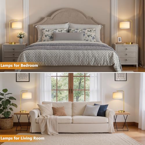 Gold Bedside Lamps Set of 2 with White Shade, Dimmable Nightstand Lamps with USB Ports