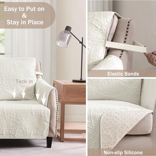 Quilted Sofa Slipcovers with Pockets, Anti-Slip Medallion Designed