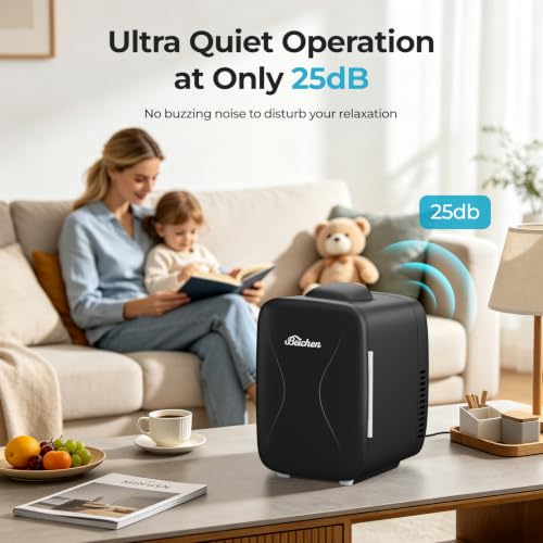 BEICHEN Portable Mini Fridge 4L/6 Can Cooler & Warmer Black, Quiet Office & Travel Refrigerator