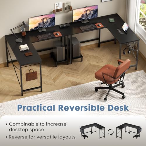 Black 50-Inch Reversible L-Shaped Corner Computer Desk with PC Stand