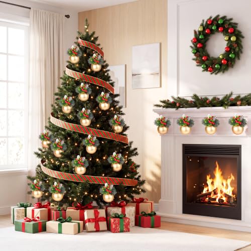 Kadrama Gold 4-Inch Christmas Tree Ball Ornaments - Set of 4 with Rustic Pinecone Accents