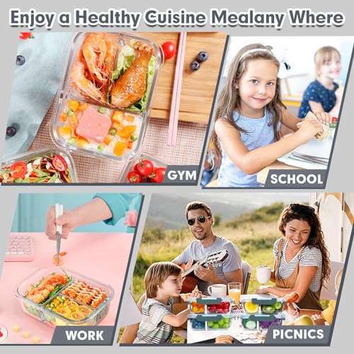 VERONES 5 Pack 36oz Grey Glass Food Storage Containers with 3 Compartments