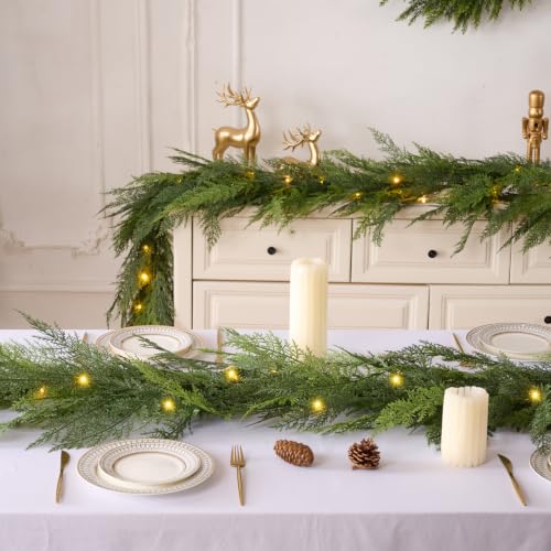 16FT Prelit Realistic Faux Cedar Garland with 8 Lighting Modes for Christmas Decor - KIWDY