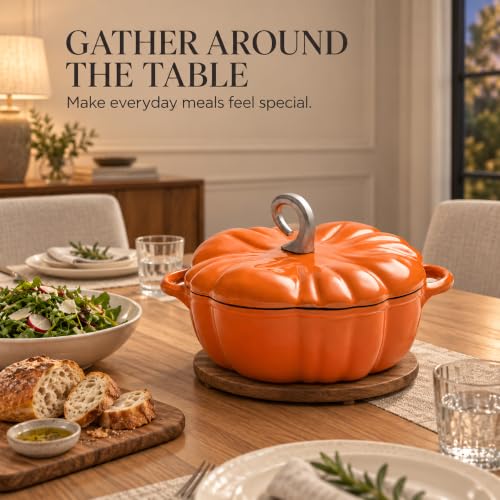 Pumpkin Cast Iron Dutch Oven Pot with Lid - Orange Halloween & Thanksgiving Decor