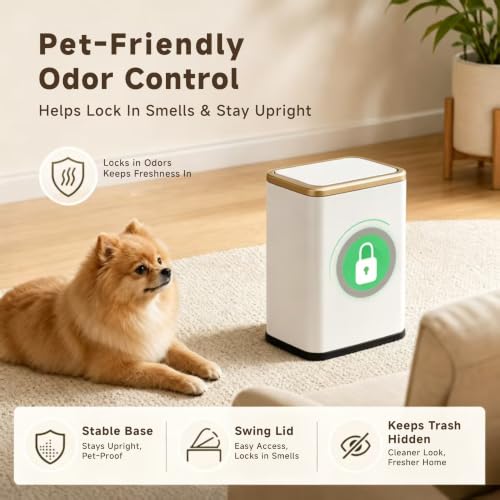 Organizelink White 2.1 Gal Slim Bathroom Trash Can with Swing Lid, Rustproof Stainless Steel, Pet-Proof Odor Control, Space-Saving Waste Basket