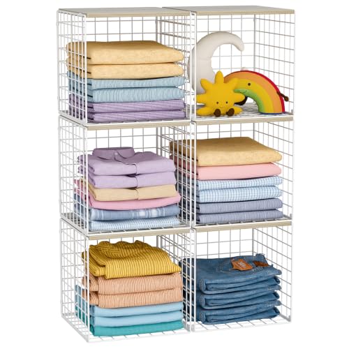 Hencawima White 6-Pack Stackable Closet Organizer Cubes with Wood Tops