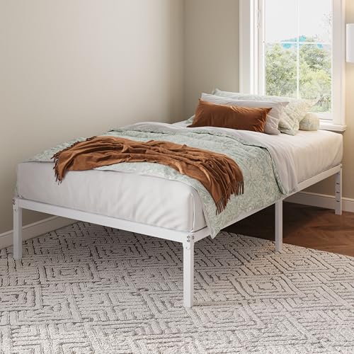 Allewie White Twin Metal Bed Frame with Storage, 12 Inch Platform Bed