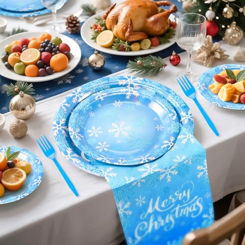 Xmas 96PCS Blue Snow Christmas Party Plates Napkins Forks Set - Fighting to Achieve