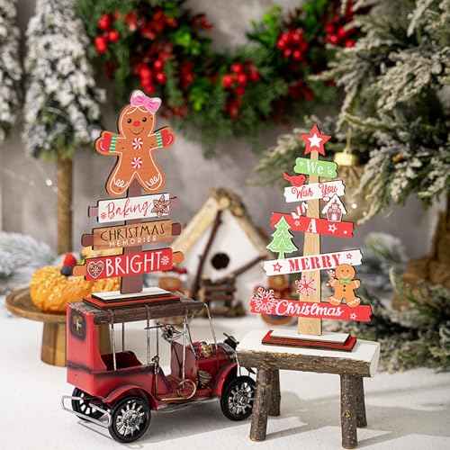 2Pcs Wooden Christmas Centerpiece Signs, Wooden Gnome Table Decorations Signs, Merry Christmas Table Toppers, Centerpiece Decorations for Holiday Home Party Indoor Decor (Gingerbread)