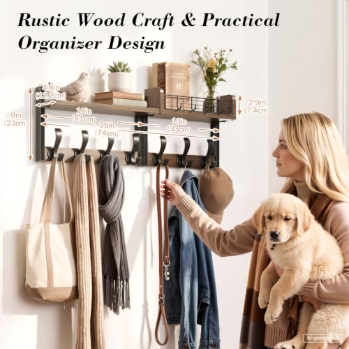 Brown 29-Inch Wall Mount Coat Rack with Shelf and 11 Hooks - 4 in 1 Entryway Organizer