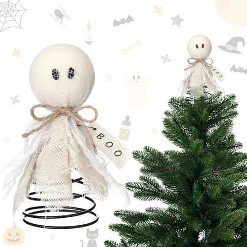 Halloween Ghost Miniature Tree Topper Spooky Halloween Tree Ornaments 5.5 Inches Mini Christmas Treetops Ornaments for Home Party Supplies(Gauze Ghost)