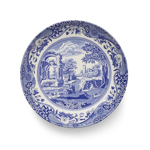 Blue Italian Pasta Bowls Set of 4 - 9 Inch Earthenware Serving Dishes with Oriental Border