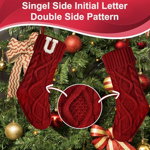 Personalized Burgundy Christmas Stocking 18 Inches with Embroidered Initial U - Classic Holiday Decor