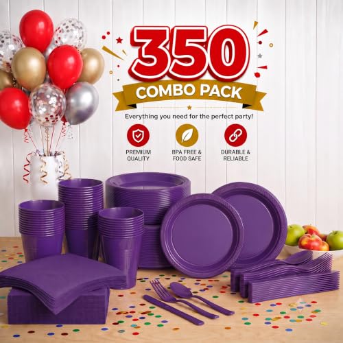 Purple Disposable Party Plates Set - 50 Dinner, 50 Appetizer & Cups with Napkins & Utensils - Variation of THIS listing