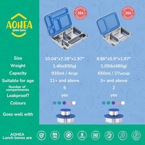 AOHEA Blue Stainless Steel Kids Bento Lunch Box 33oz 5 Compartments BPA-Free
