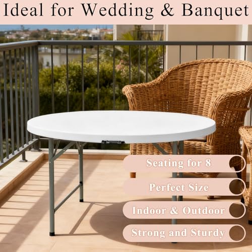 4 FT White Round Folding Table with Carrying Handle - Portable Plastic Outdoor Indoor