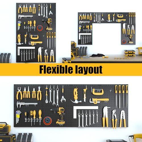 Black Metal Pegboard Panels 8 Pack - 16x12 Inch Wall Organizer with 50 Hooks