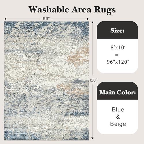 Blue Washable Area Rug 8x10 Abstract Large Living Room Floor Cover