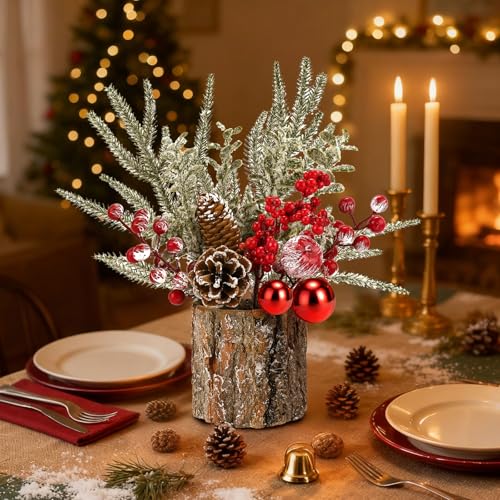Mljsh Small Christmas Table Centerpiece with Pinecones & Red Berries - Rustic Farmhouse Holiday Decor (1pc)