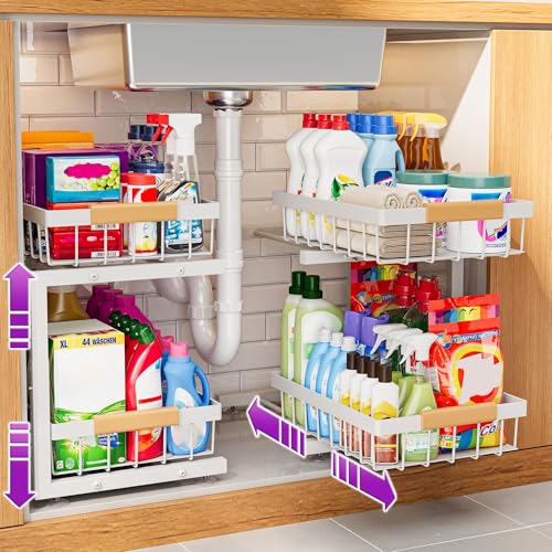 X-Large White Under Sink Organizer 2 Pack Adjustable Height Kitchen Bathroom Storage