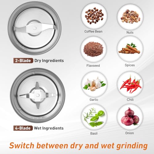 Secura Electric Coffee and Spice Grinder - Stainless, 2 Removable Bowls