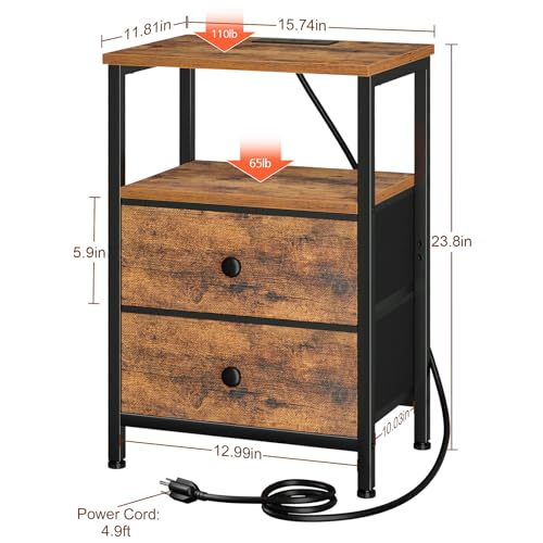 Rustic Brown Two-Drawer Nightstand with Charging Station - Small Bedside Table